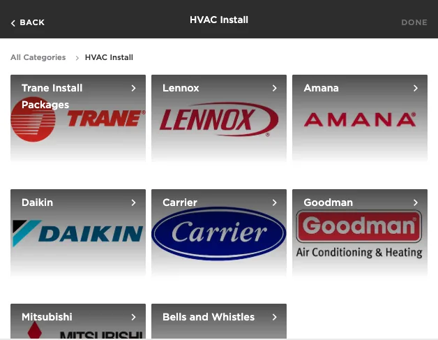 A brand-organized HVAC install menu in ServiceTitan: Trane, Lennox, Amana, Daikin, Carrier, Goodman, Mitsubishi