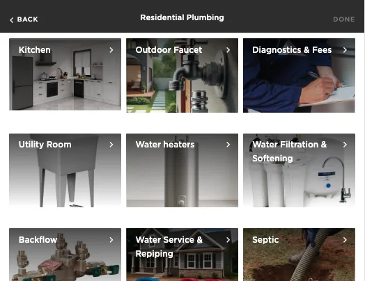 A ServiceTitan plumbing book with a real photo on every category: kitchen, outdoor faucet, water heaters, water filtration, backflow, repiping and septic