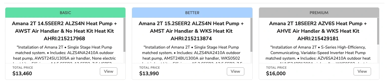 Basic, Better, and Premium install options in ServiceTitan, each with matched equipment and a total price