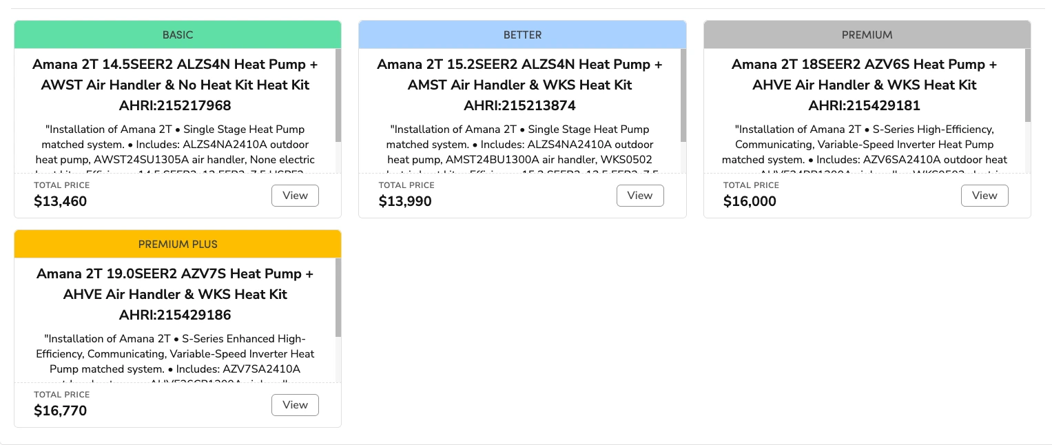 A four-tier good, better, best and premium plus install proposal in ServiceTitan, each tier priced for the customer