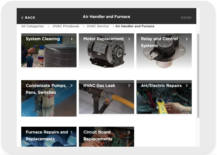 A ServiceTitan HVAC book with a real photo on every category: system cleaning, motor replacement, condensate pumps, gas leak, electric repairs and more