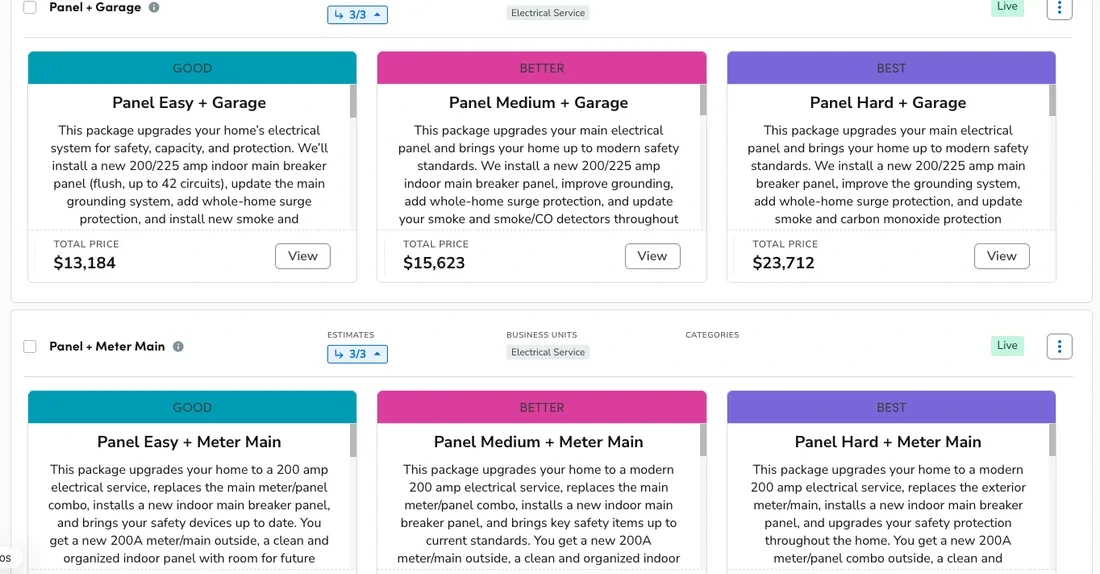 Good, better and best panel replacement packages in ServiceTitan, each described in plain language and priced