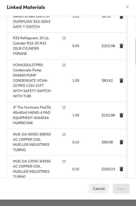 A ServiceTitan service with its materials linked in the Linked Materials panel: a safety switch, R32 refrigerant, a condensate pump, a hurricane pad and copper coil, each with its quantity