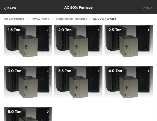 A single Trane AC and furnace install package opened in ServiceTitan, equipment already matched and priced